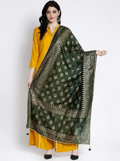 Women's Silk Blend Green & Gold-Colored Printed Dupatta Free Shipping