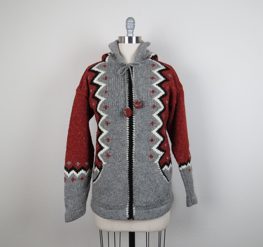 Vintage Hand Knit Wool & Cotton Blend Cardigan Sweater, Made in Ecuador, Zip Front, Size Large