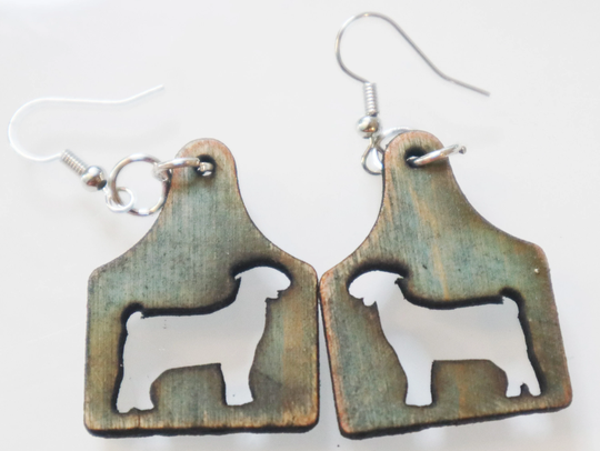 Wood Boer, Market Goat, Tag Earrings, Livestock, Hand-stained, Distressed, Animal Show, Nickel-Free