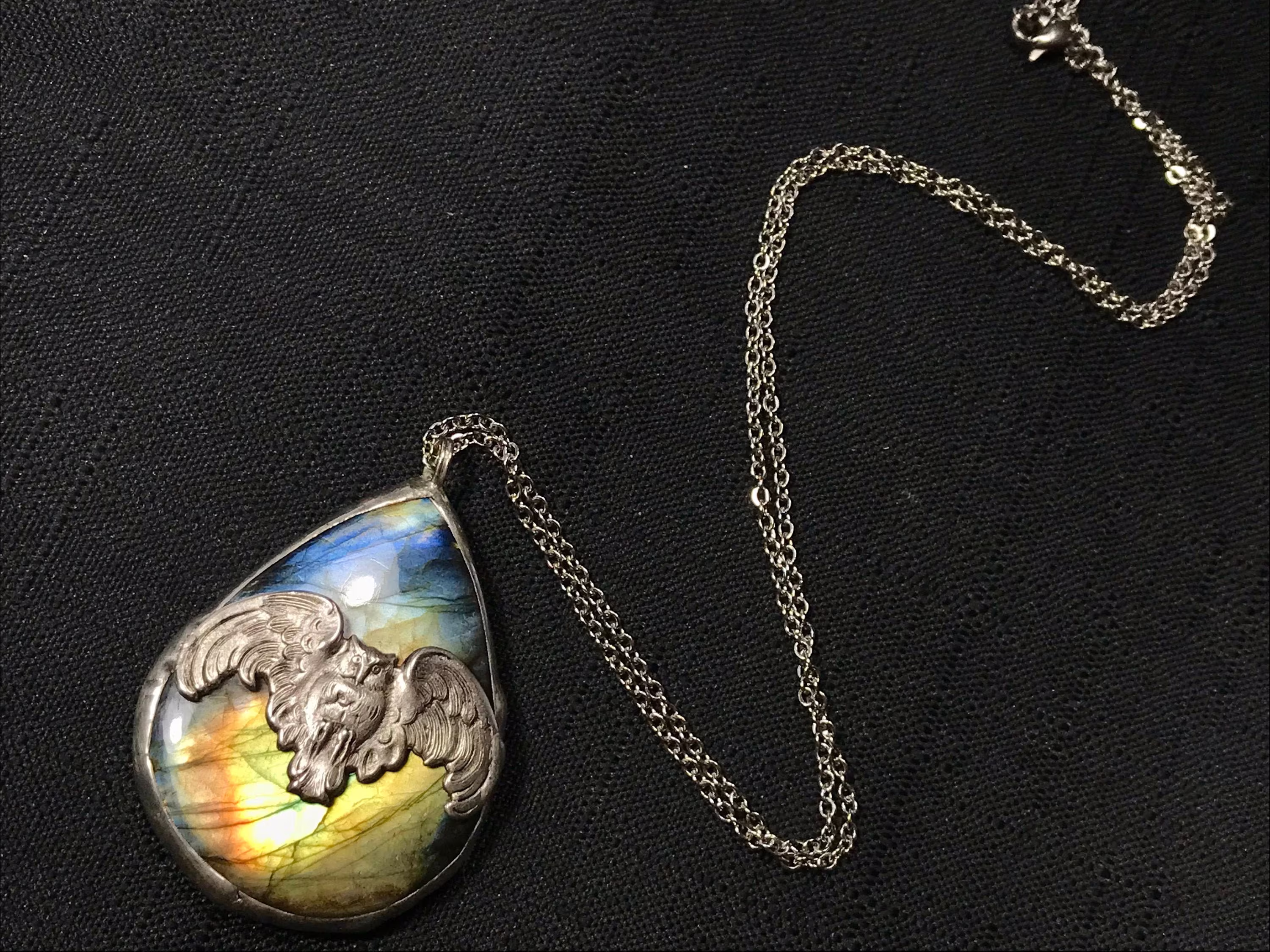 Labradorite Owl Pendant Blue Gold Spectrolite College High School Graduation Gift Bird Of Prey Ornithology Watching Antiques Silver