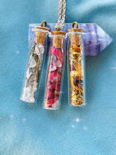 Crystal + Herbal Mixed Blend Petite Glass Cork Topped Pendant - Authentic Gemstone Apothecary Necklace