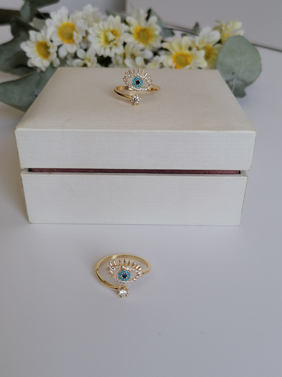 Evil Eye Ring, Zircon Adjustable Minimalist Turkish Gold Blue Bead, Charm