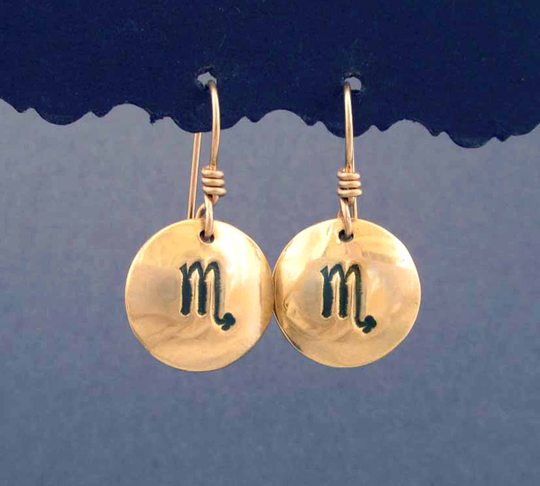 Scorpio Earrings Gold Tone Brass Round Dangles October November Birthday Gift Zodiac