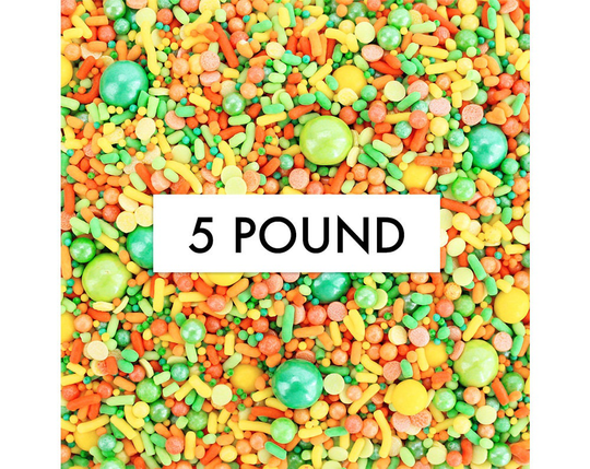 Tropical Delight Sprinkle Blend - 5 lbs-Tropical Inspired Bright Blend Of Orange, Green & Yellow Jimmies, Non-Pareils, Dots Candy Beads