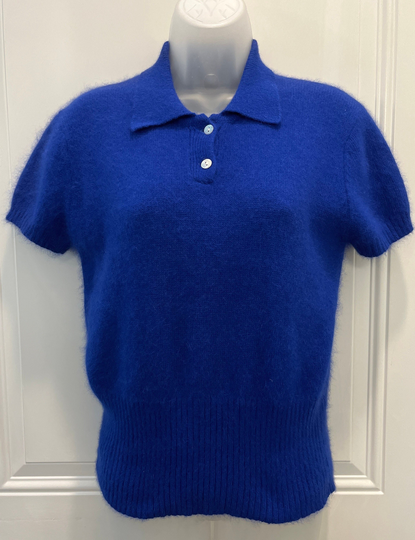 80S 90S Limited Royal Blue Angora Blend Sweater, Short Sleeve Collared Bright Feminine Pin-Up Girl M