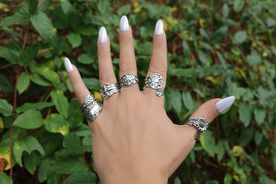 Adjustable Spoon Ring, Vintage Owl Dragonfly Sun Hummingbird Flower Design Cross Ring