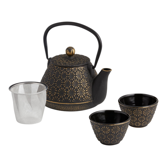 Black and Gold Cast Iron Infuser Teapot and Cups 3 Piece Set by World Market