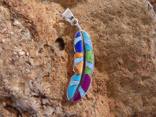 Vibrant Multi Colored Gemstones & Opal Handcrafted in The USA Nice Feather Pendant Sterling Silver 925 Free Shipping Gift Bag New U20