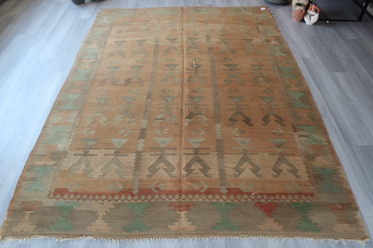 Large Kilim Rug, Vintage Oushak Ethnic Pale Coloured, Bohemian Rug/N - 521 7'3"x10'4" Feet