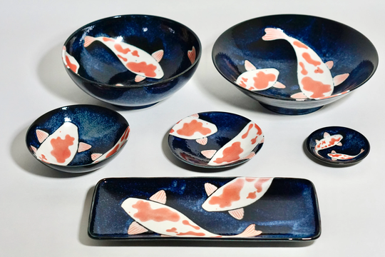 Koi Fish Ramen Bowl/Plate|Japanese Mino Ware|Made in Japan|Tableware Set| Authentic Japanese Tableware |Handmade