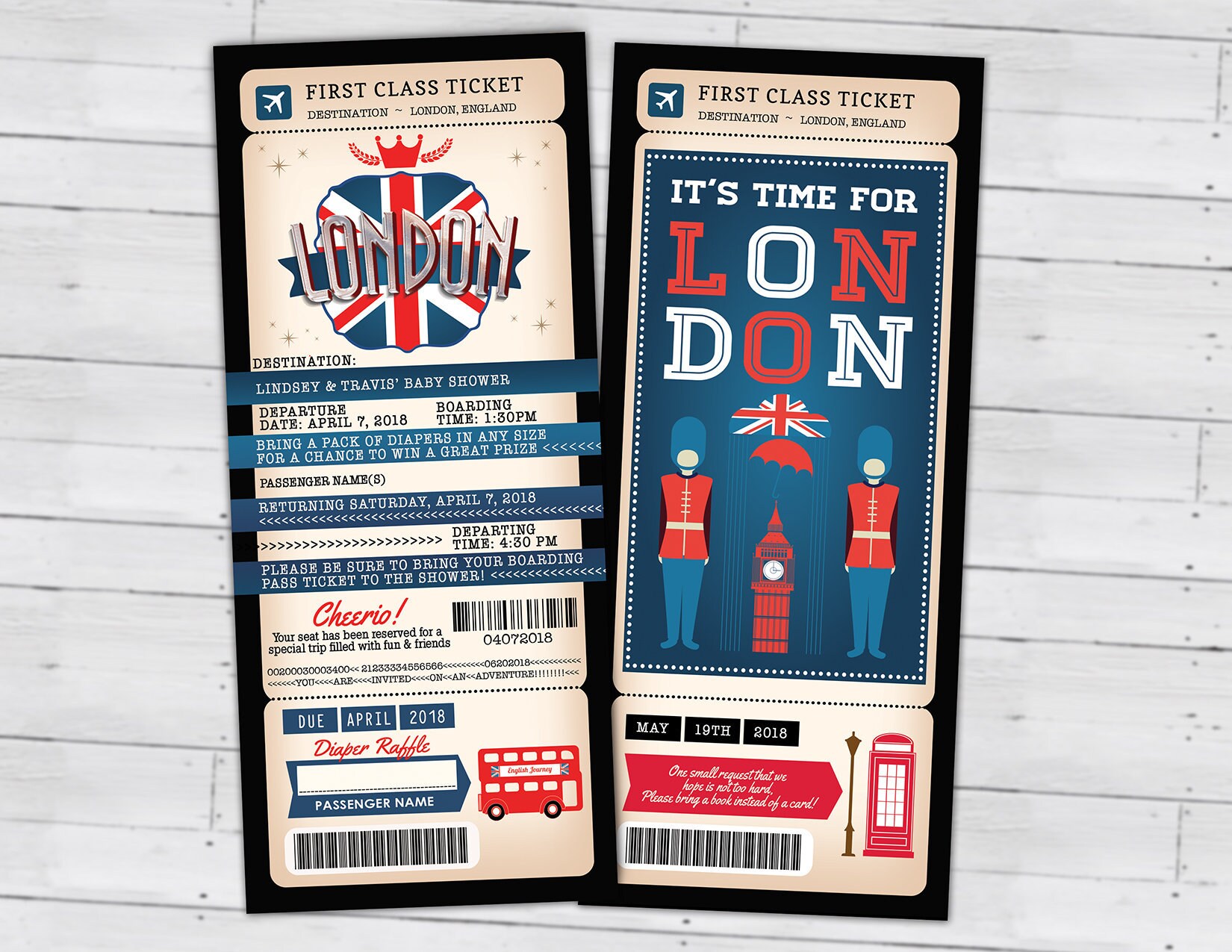 Passport & Ticket, Baby Shower Invitation - Travel Birthday London, Union Jack, England, British, Digital Files Only