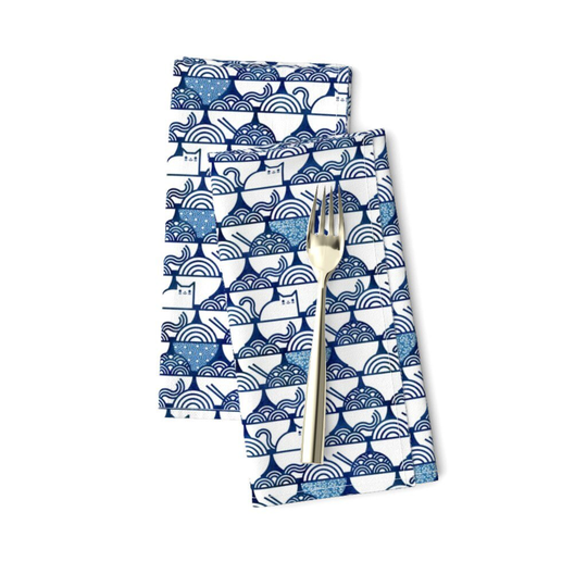 Ramen Cats Dinner Napkins | Set Of 2 - Noodle By Patricia Lima Kawaii Blue & White Bowls Cloth Spoonflower