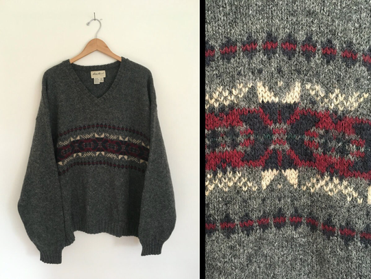 Vintage Eddie Bauer Wool Blend Sweater - Gray with Nordic/Fair Isle Design V-Neck Collar Pullover Men's Size Extra Large | xl