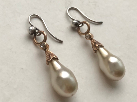 Antique Victorian Gold Old Mine Rose Cut Small Diamonds Pear-Shaped Pearls Sterling Silver Loops Dangling Drop Earrings