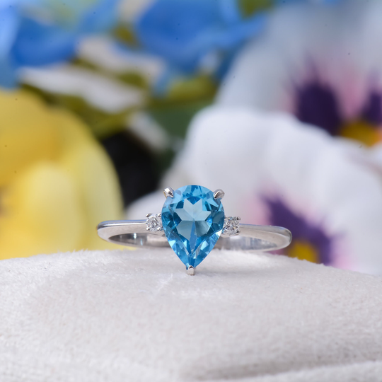 Natural Swiss Blue Topaz Ring, Pear Cut Gemstone Gold Certified Christmas Gift