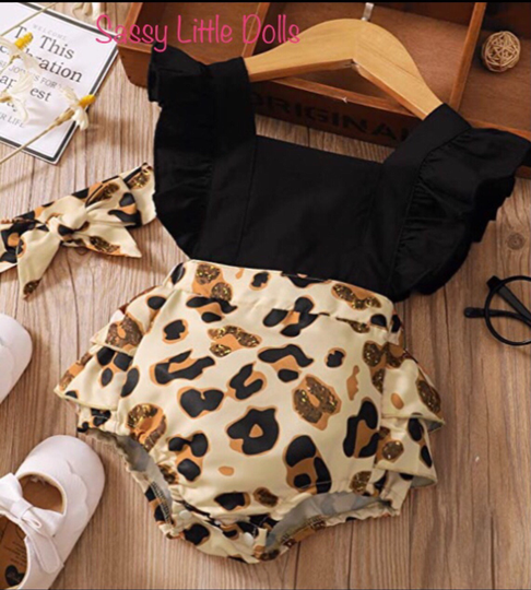 Baby Girl Leopard Print Cotton Blend Ruffles Romper Includes Matching Headband | Tie Yourself
