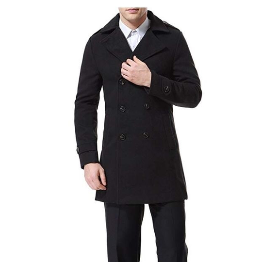 Men's Trenchcoat Double Breasted Overcoat Pea Coat Classic Wool Blend Slim Fit - Black, L