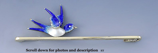 Charming C1900 English 15K Gold Blue Enamel Swallow Sparrow Bird Bar Pin/Brooch