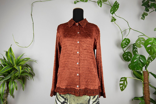 Vintage Metallic Rust Orange Long Sleeve Crinkled Button Up Blouse