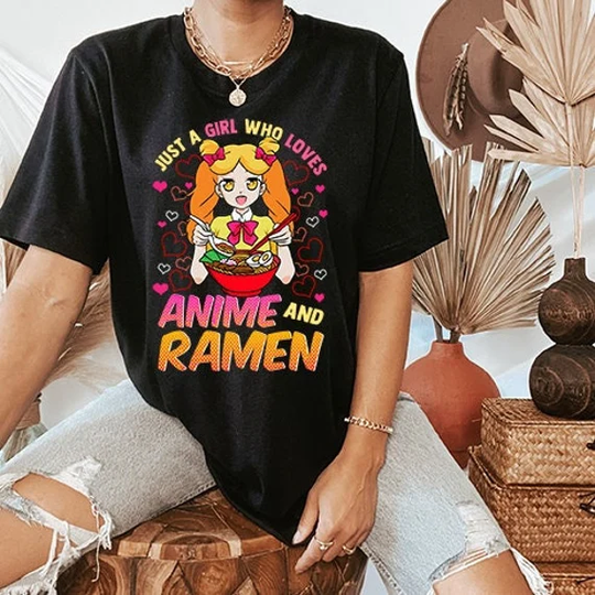 Anime Shirt Women, Just A Girl Who Loves & Ramen T-Shirt, Aesthetic, Japanese Anime, Oversize, Gift