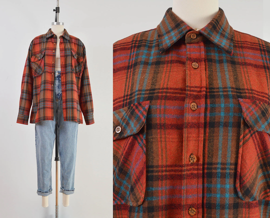Plaid Shirt | 70S Vintage Wool Blend Button Down Boyfriend Jacket Unisex M L