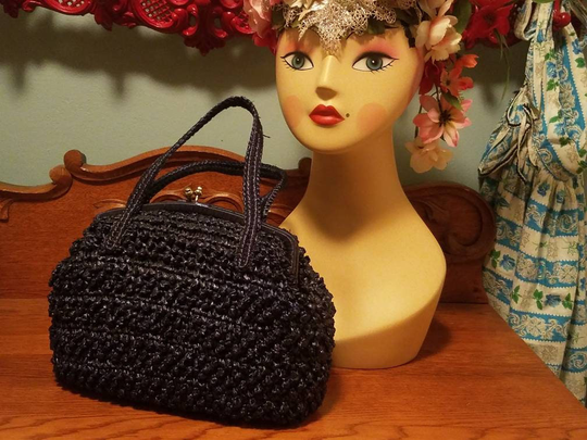 Designer Babette Navy Blue Straw Kelly Handbag 50S/60S Pin Up Style