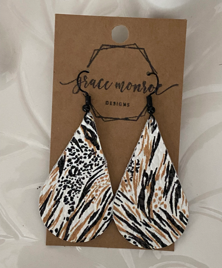 Leopard Frenzy Teardrop Earrings, Cowhide Zebra Stripe Trending Leather Animal Print Earring