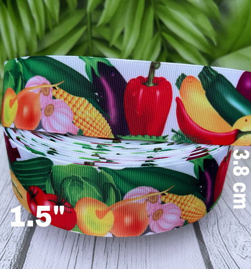 Craft Supply 1.5" Vegetables Grosgrain Ribbon. Vegetable Tomatoes Corn Bell Pepper Ribbons