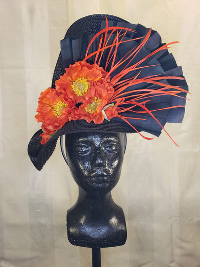 Black Fascinator With Orange Poppies & Tartan Plaid "Mina"