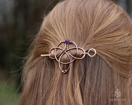 Celtic Knot Hair Jewelry With Genuine Gemstone - Copper Clips Or Barrettes Shawl Pins Womens Gift For Her Barrette Amethyst