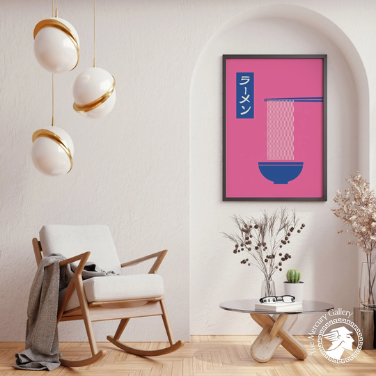 Ramen Noodle Print, Pink Poster, Japanese Kitchen Wall Art, Bowl Artwork, Modern Minimalist Japan Illustration
