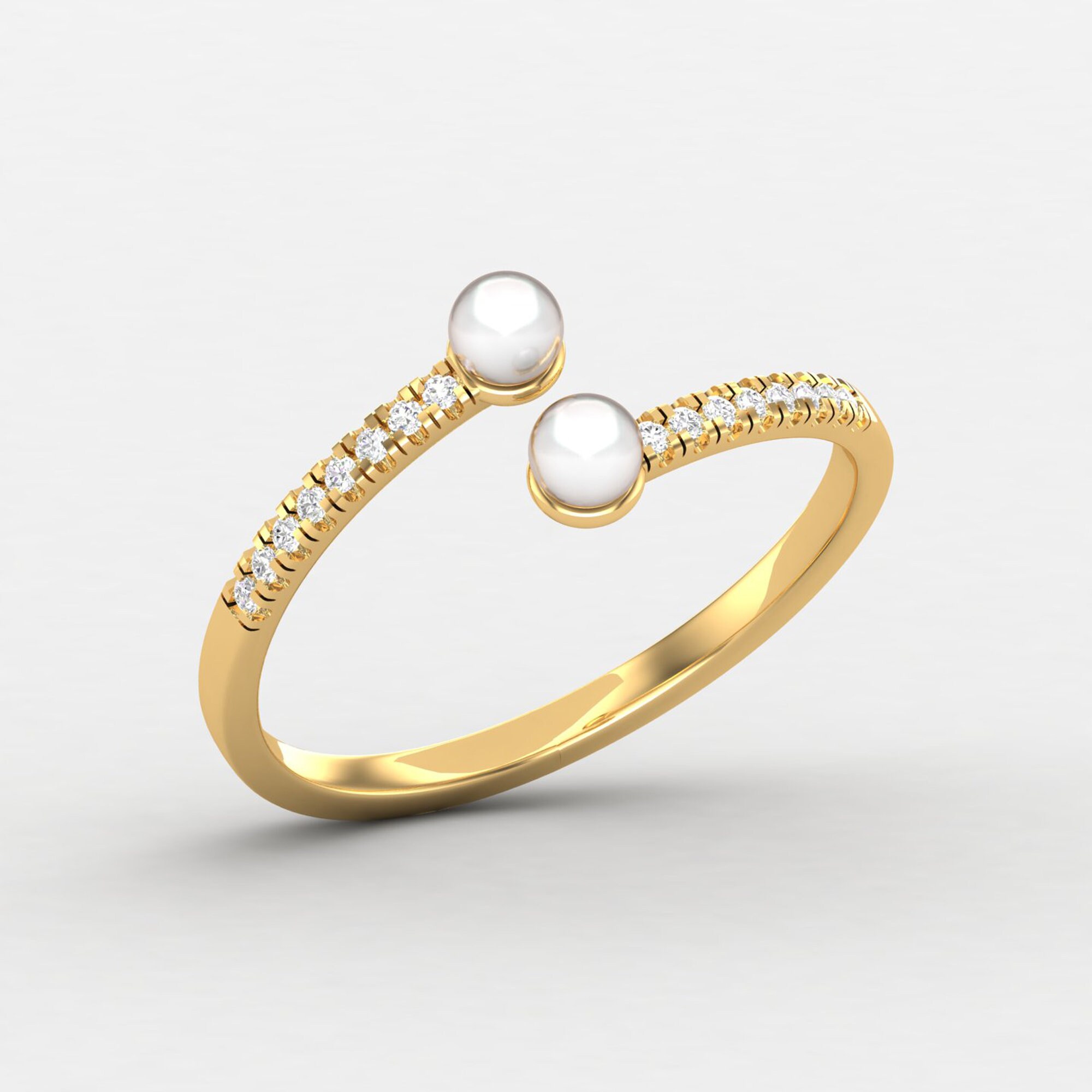 Pearl Ring, Solid Gold 14K Diamond Open Shank Art Nouveau Yellow Gift For Her