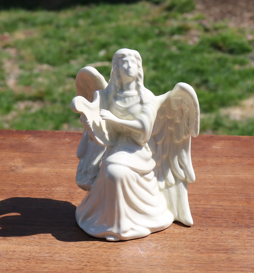80S White Gloss Ceramic Angel Figuerine Knelling Detailed Holding A Harp