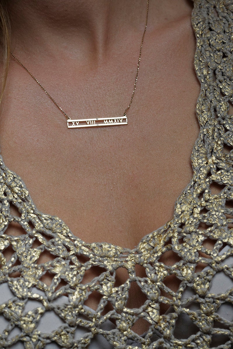 Diamond Roman Numerals Bar Necklace, 14K Or 18K Solid Gold
