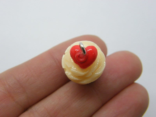 4 Heart Cupcake Charms Red Brown Resin Fd133