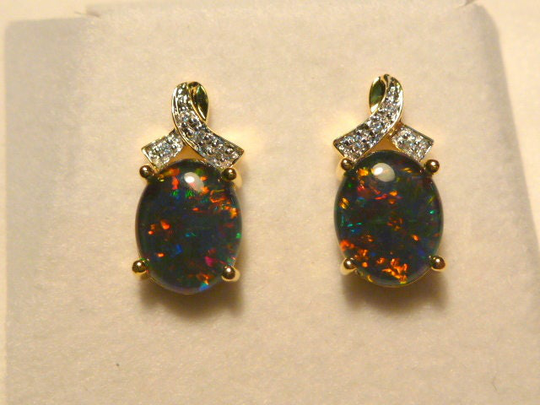 Opal Earrings G/P Sterling Silver & Cz Stud. Natural Triplet Opals 10 X 8mm Oval. Item 070838