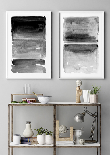 Large Wall Art, Abstract Gray Black White Modern Set Of 2, Painting