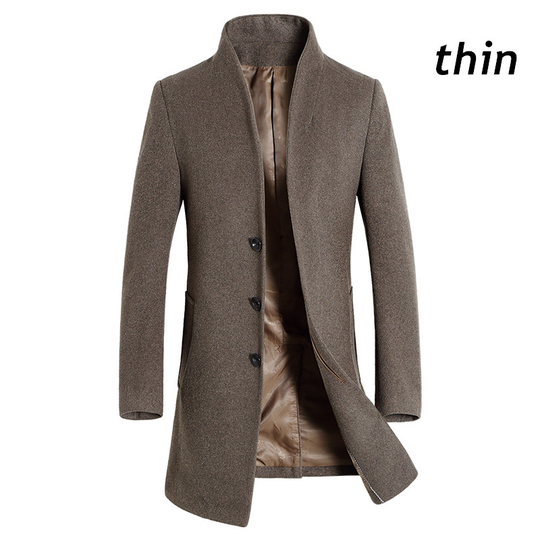 Winter New Men's Fine Wool Blend Solid Color Casual Business Stand Collar Woolen Coats / Male Slim Windbreaker Coat Men Jackets - camel thin, m