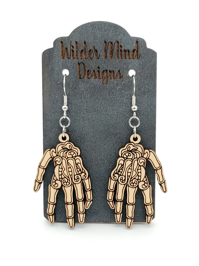 Skeleton Earrings, Hand, Halloween Jewelry, Unique Wood Skull Creepy Earrings