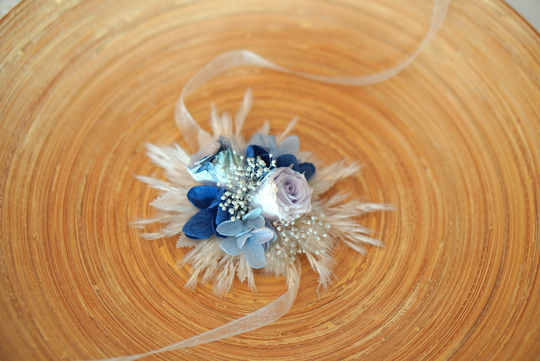 Dried Flower Corsage Pampas Grass Bunny Tail Neutral Wrist Rustic Wedding Bracelet Ladies Blue Rose