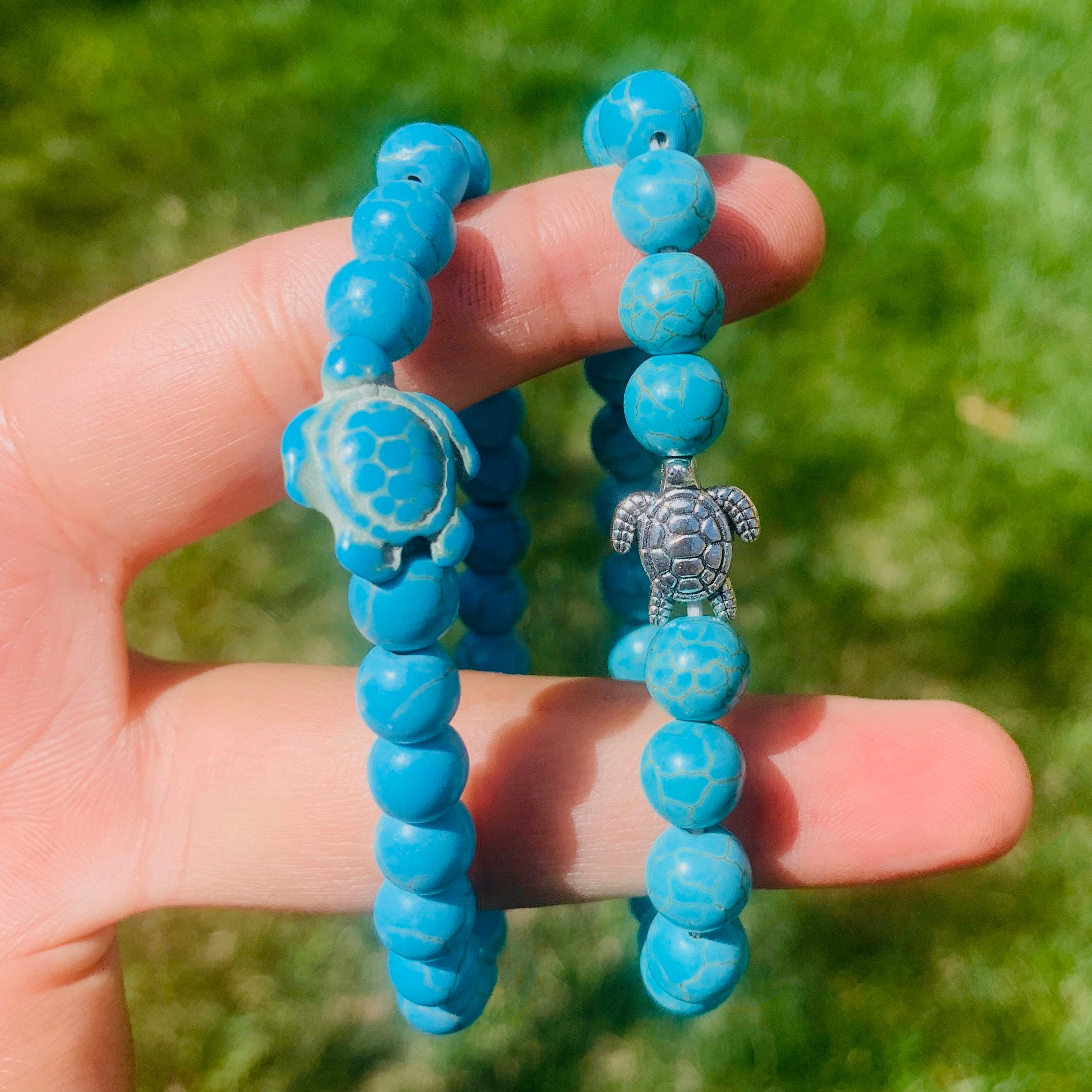 2 Pc Set Turquoise Silver Sea Turtle Bracelet Summer Beach Vibes Gift For Her Ocean