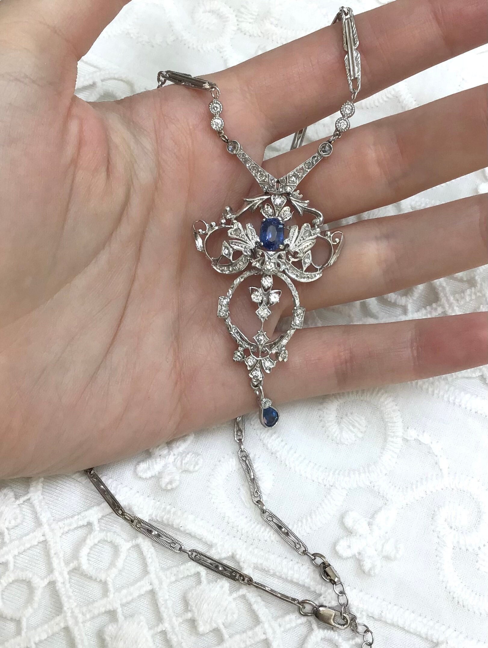 Art Nouveau Plat 14Kt Gold Necklace Genuine Diamonds & Sapphire Deco Filigree Lavaliere Old Cut Diamonds