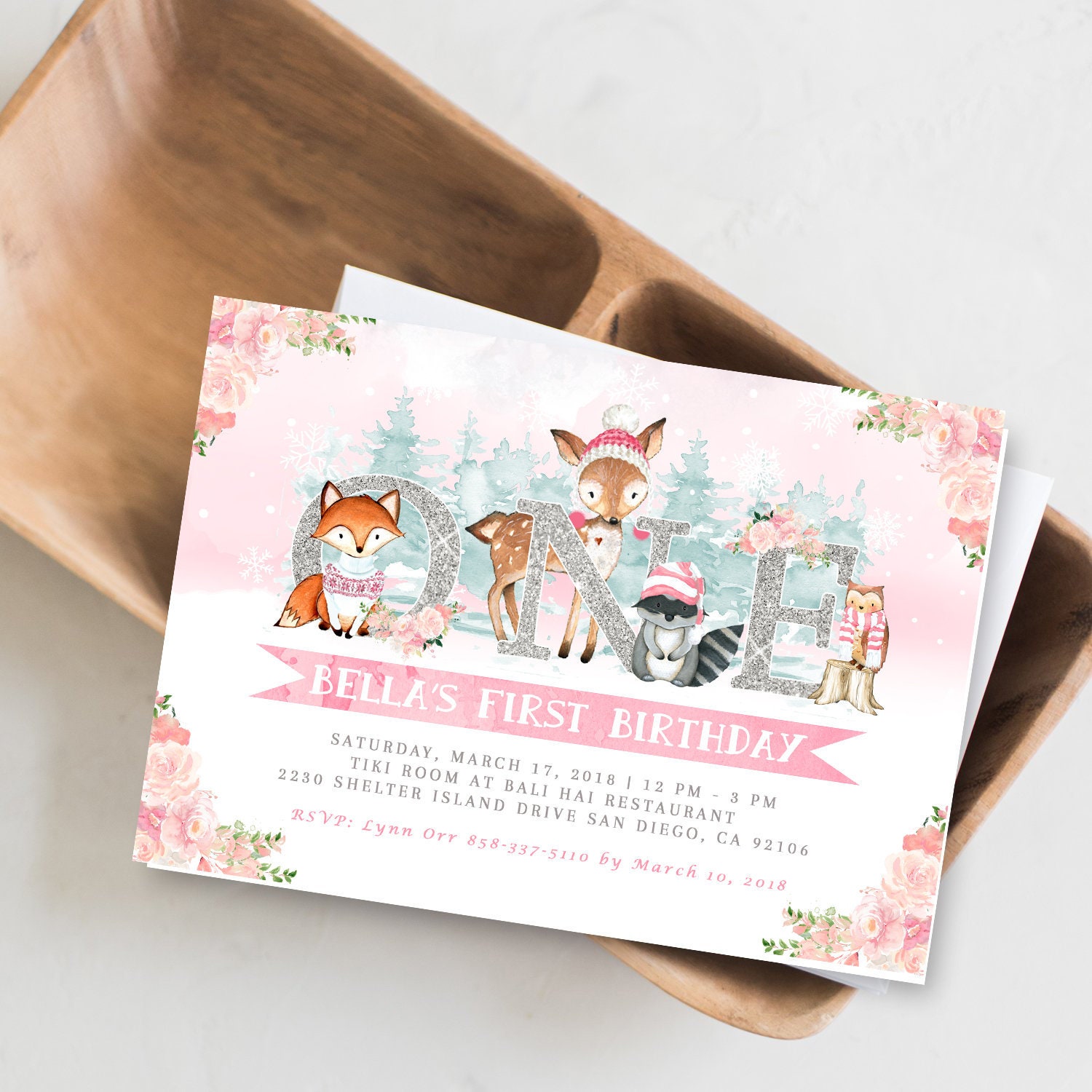 Winter Woodland Birthday Invitation, Girl Invitation, Forest Animal Girl Birthday, Invite #1