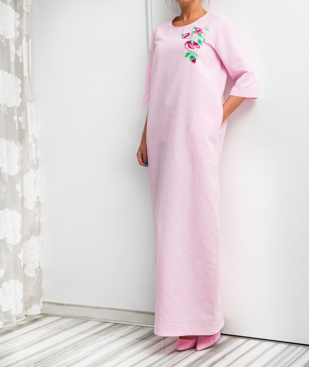Pink Linen Dress, Clothing, Kaftan Plus Size Linen, Embroidered Maxi Boho Pocket Loose