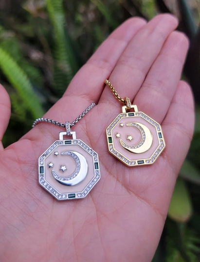 Crescent Moon & Stars Necklace, Gold Silver Enamel Pendant, Celestial, Pink, Green