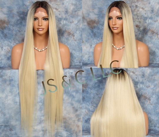 45" Human Hair Blend Lace Front Wig Hand Tied Center Part Straight Heat Safe Pale Blonde W Dk Roots Cancer/Alopecia/Cosplay/Anime/Emo