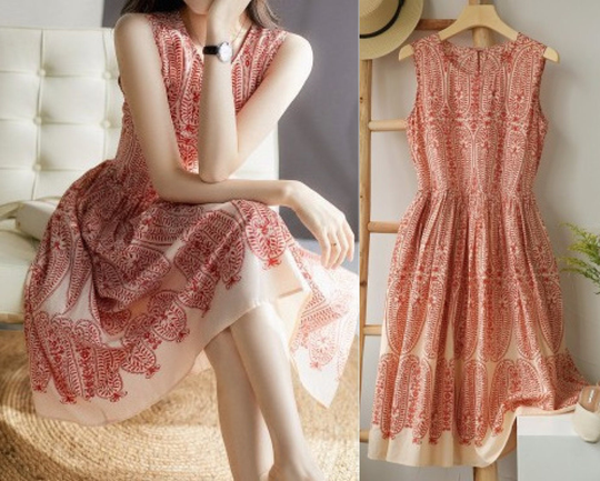 Hand Made Women's Soft Cotton Blend Clothing Floral Maxi Dress Round Neck Short Sleeve Lightweight Cool-Size S