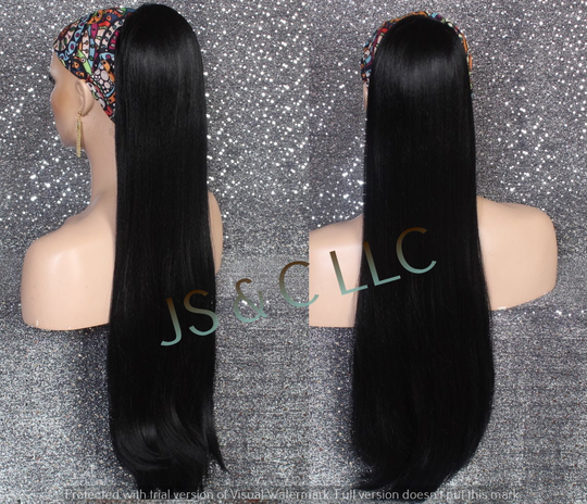 Black Human Hair Blend Straight Ponytail Piece Drawstring Extra Long Wavy Simply Put It On & Go Can Be Wrapped Around As A Bun