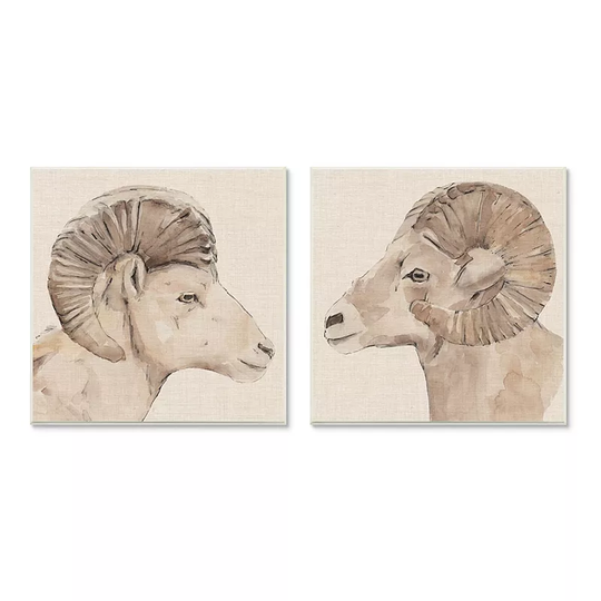 Stupell Home Decor Big Horn Ram Portraits Plaque Wall Art 2-piece Set, Brown, 12X12