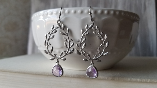 Silver Chandelier Dangle Earrings With Amethyst Purple Teardrop Glass